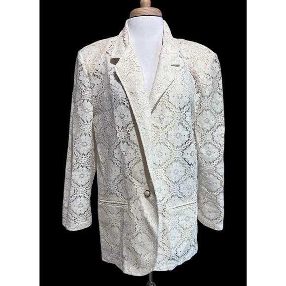 PI LA Blazer Lace Eyelet Crochet Dressy Jacket Blazer Cottagecore Women's L - Picture 1 of 6